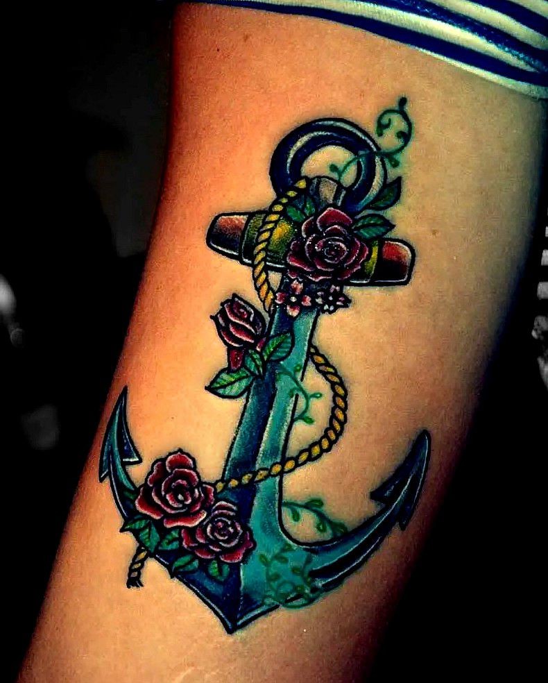 roses anchor with ribbon tattoo