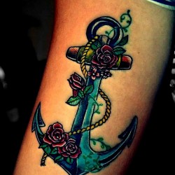 roses anchor with ribbon tattoo