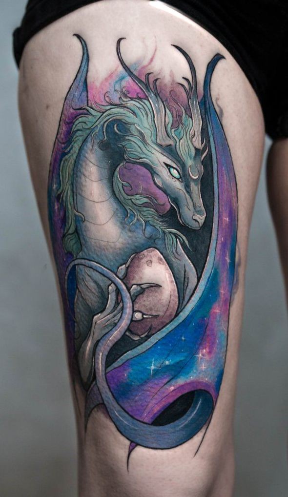 green dragon tattooed on the thigh