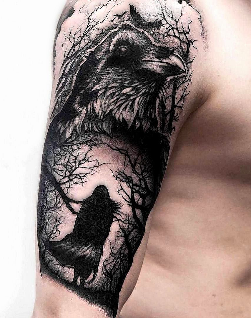 tattooed crows in wood