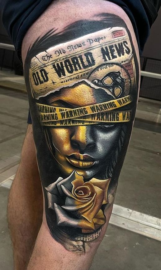 warrning face and rose tattoo