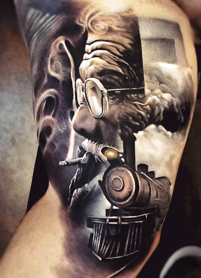 smoking man and train tattoo by arlo dicristina ph
