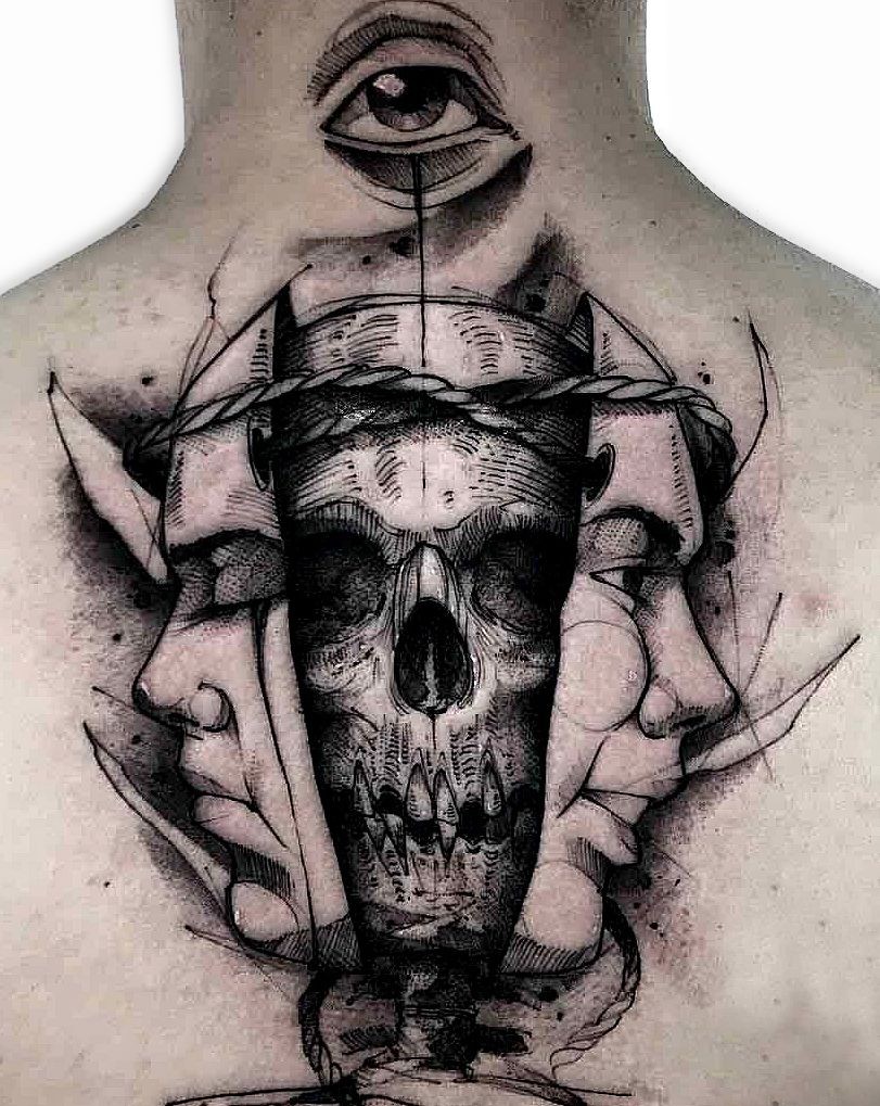 skull twin face tattoo
