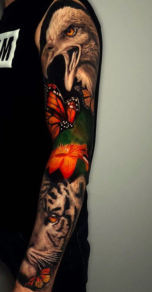 eagle tiger and flowewers tattoo on shoulder
