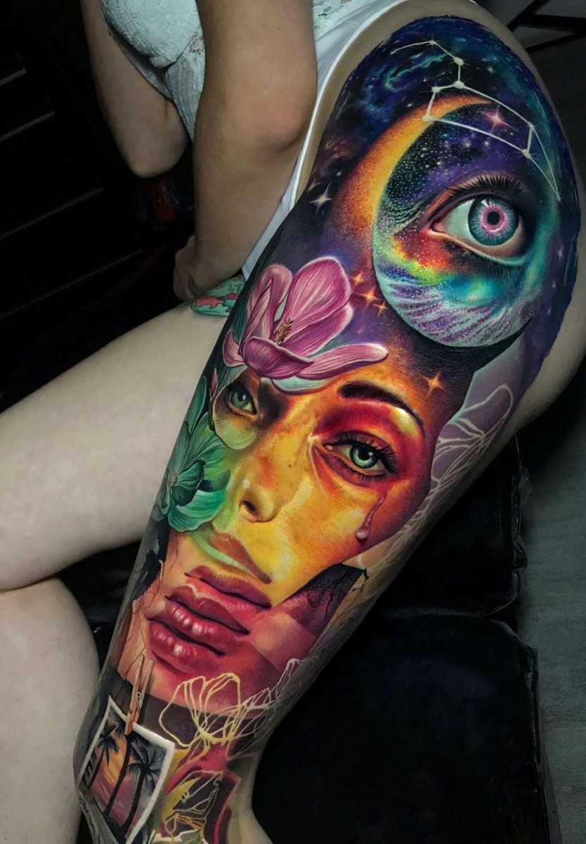  Universe face and Flowers Leg Sleeve
