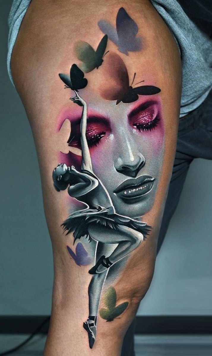 tattoos with the face of a woman ballerina and butterflies