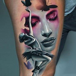 tattoos with the face of a woman ballerina and butterflies