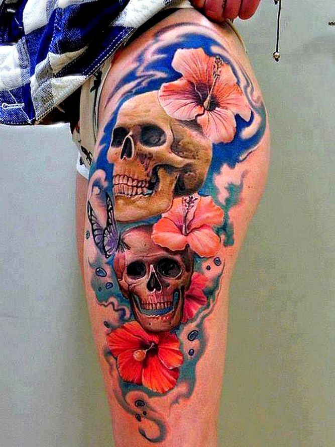 flower skull leg tattoos