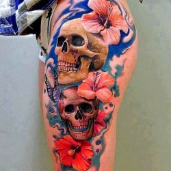 flower skull leg tattoos