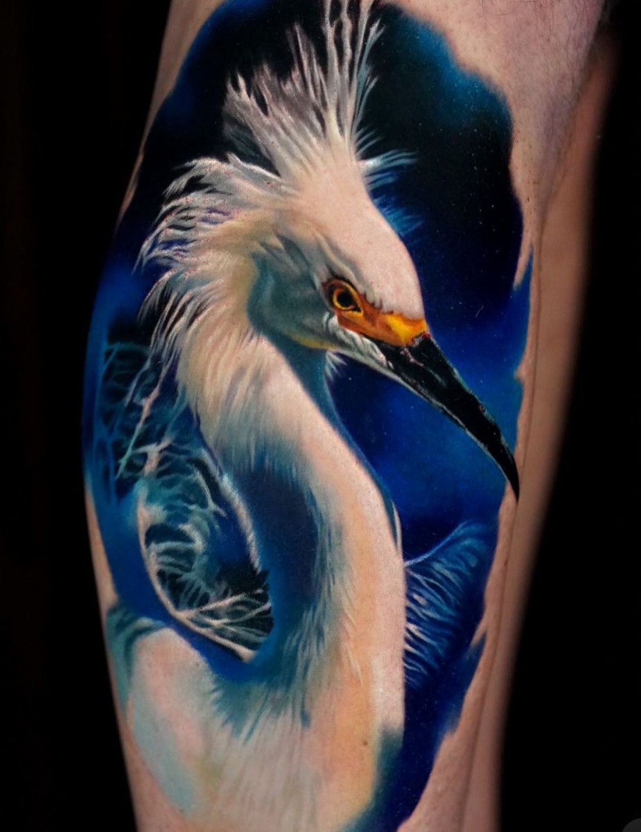 crane tattooed on the calf