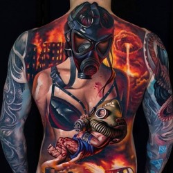woman with a child in a gas mask