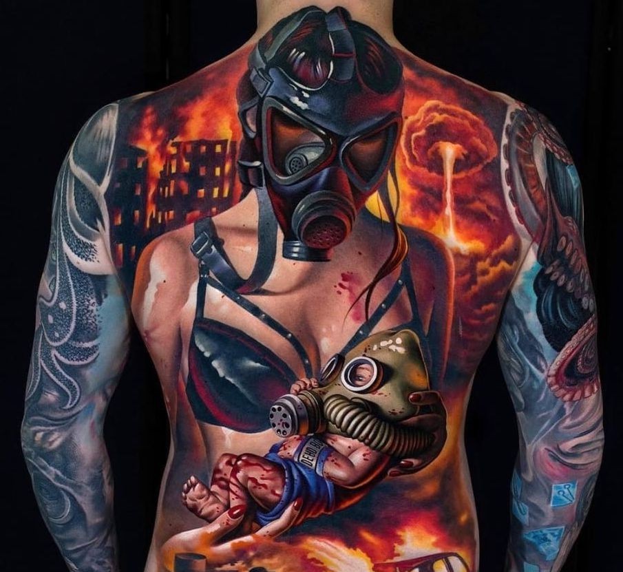 woman with a child in a gas mask