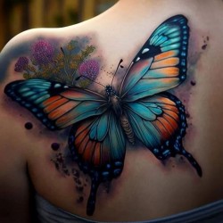 colorful butterfly tattooed on the shoulder blade