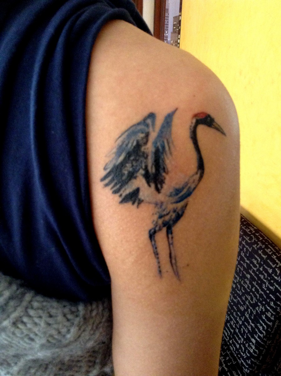 red headed crane japanese watercolor traditional t