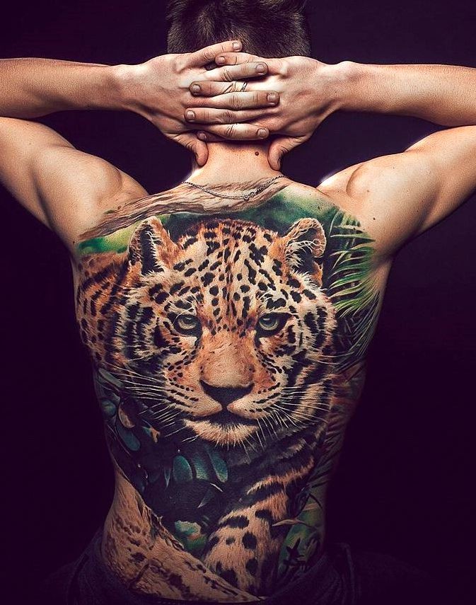 leopard back tattoo realistic piece