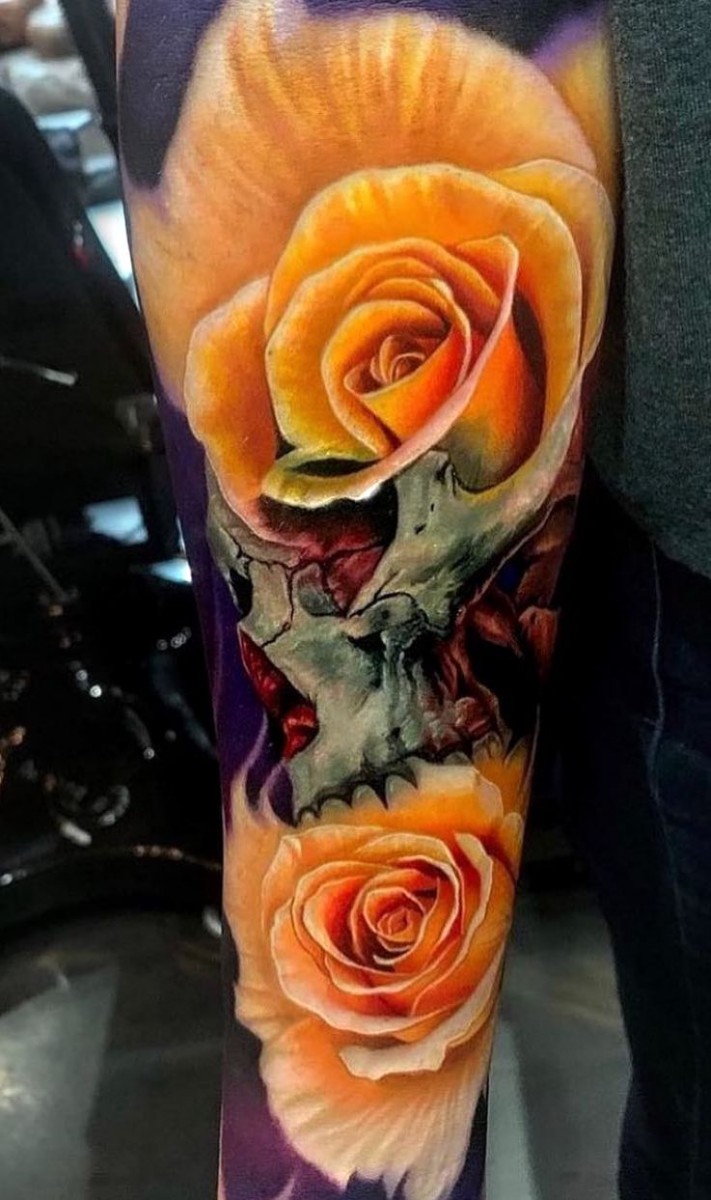 yellow roses and skull