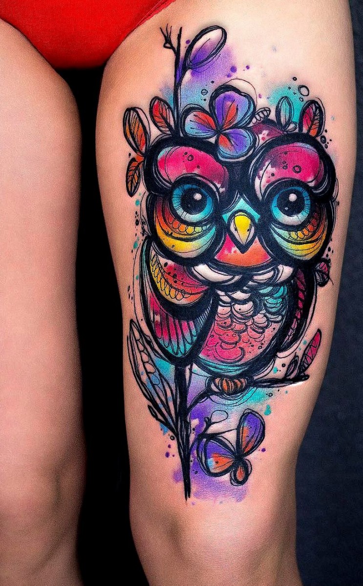 colorful owl tattoo by vika kiwitattoo owl tatt