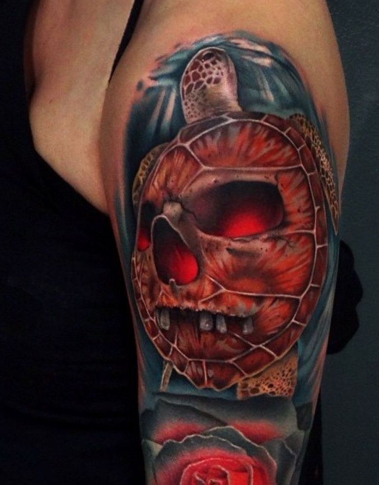 rose turtle skull shoulder tattoo 