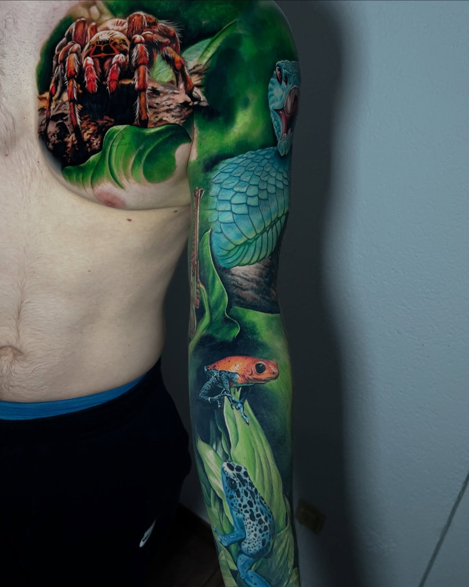 spider snake and frogs - tattoo on shoulder