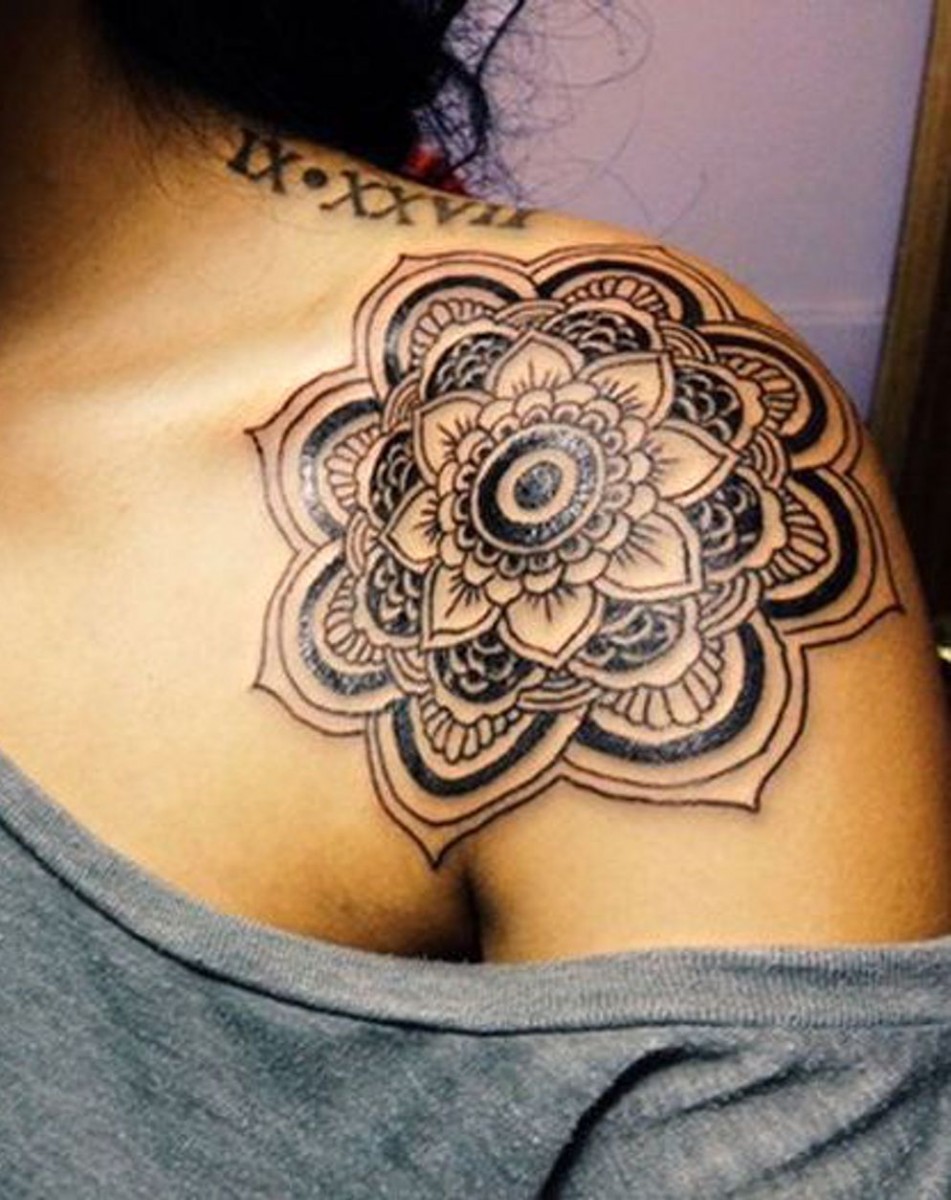 shoulder tattoo small mandala tattoo grey blouse