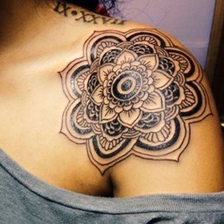 shoulder tattoo small mandala tattoo grey blouse