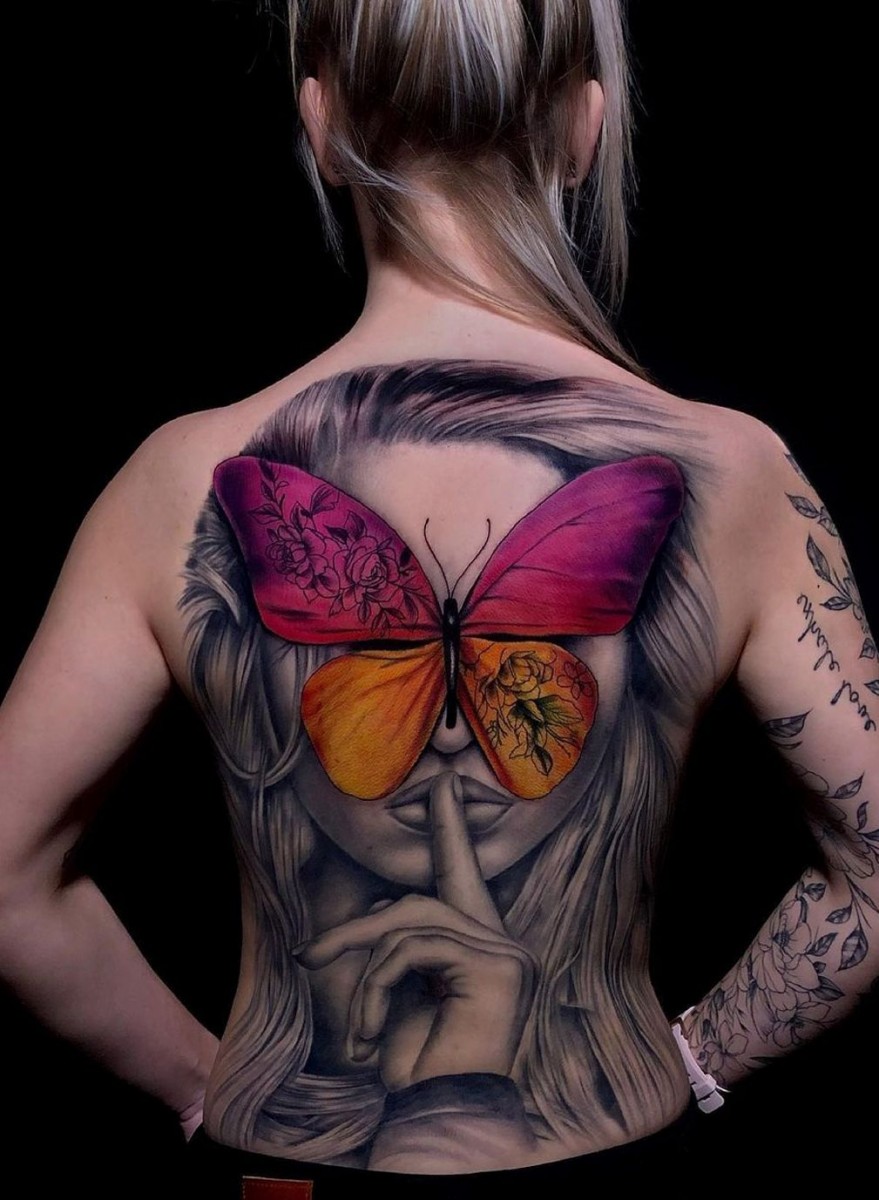 Butterfly Portrait tattoo on her back