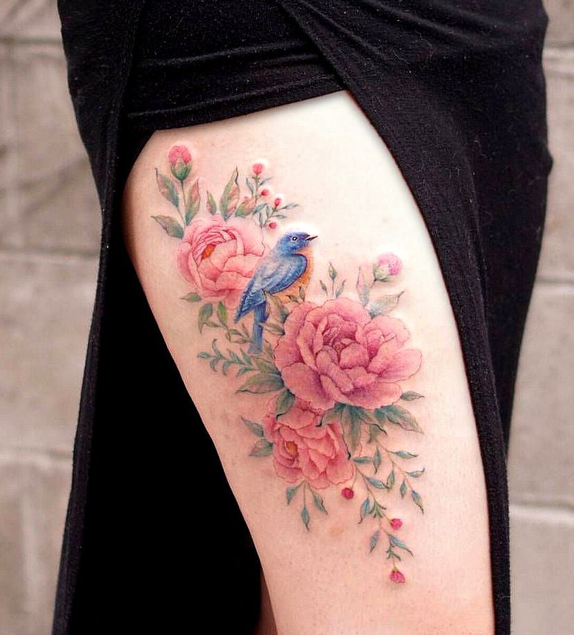 blue bird and peonies thigh tattoo by floral th