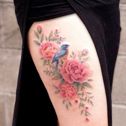 blue bird and peonies thigh tattoo by floral th