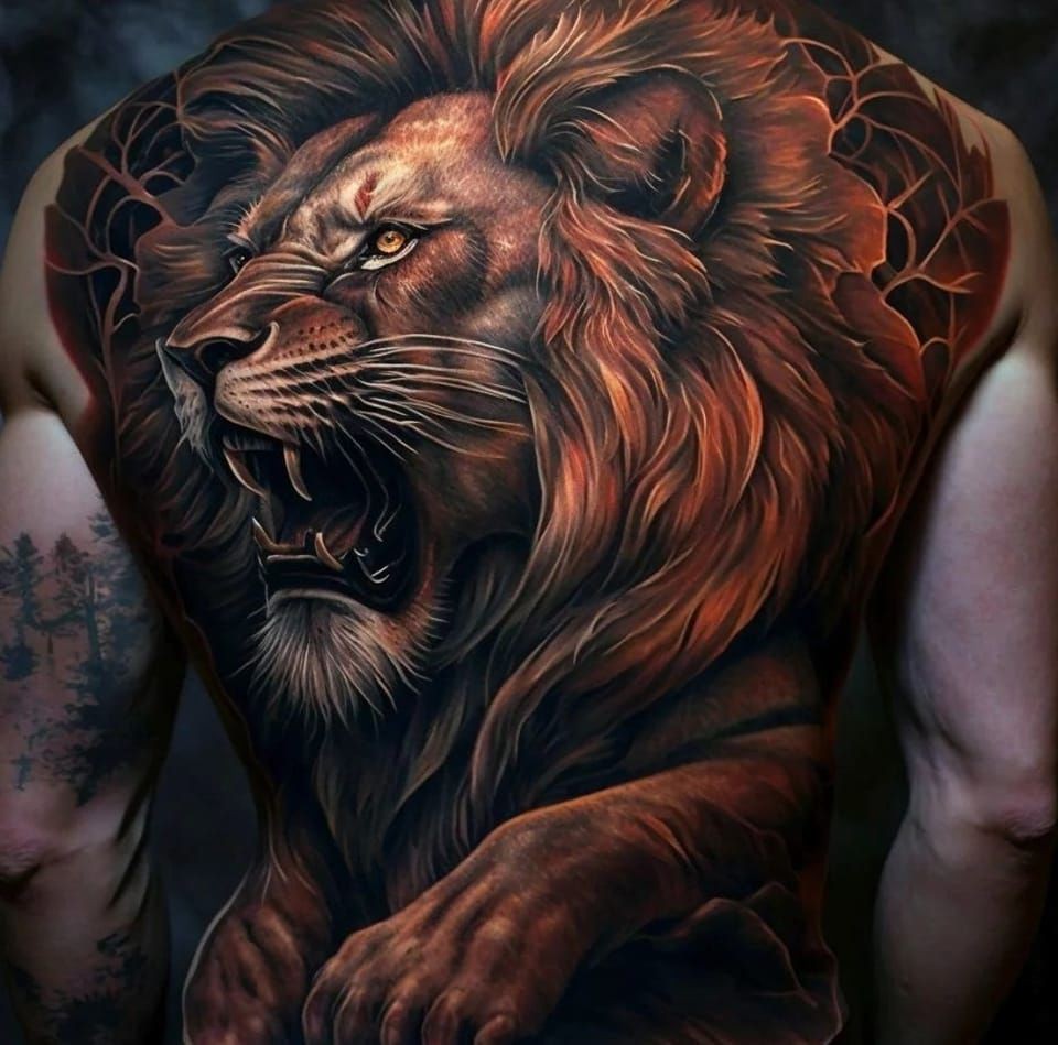 realistic leon tattoo on back for men