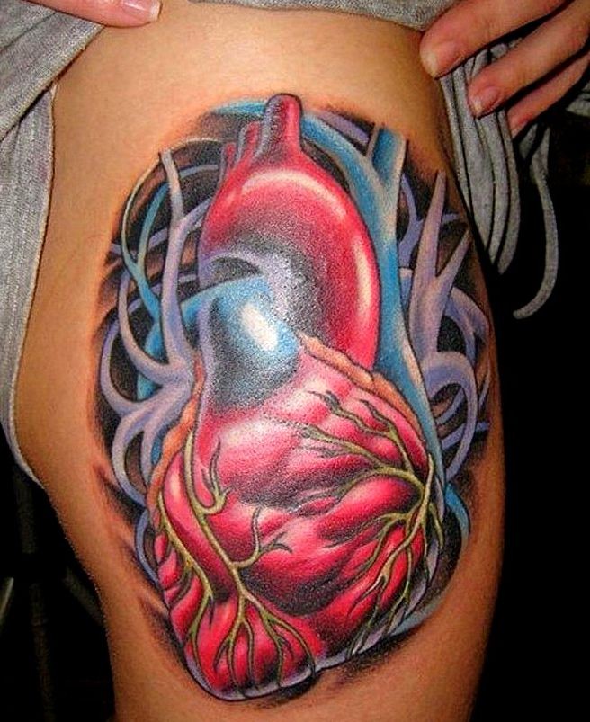 awesome new school heart tattoo on thigh