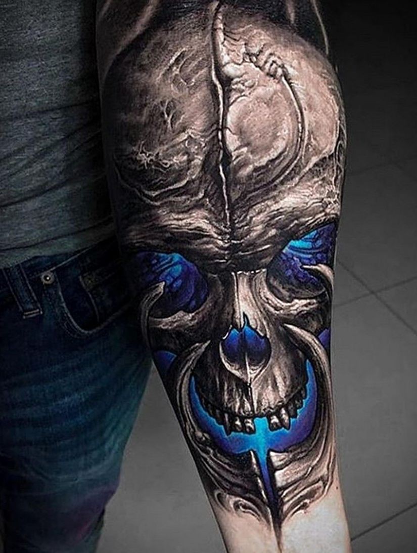 skull tattoo in the style of realism that glows wi