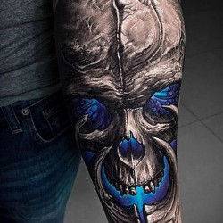 skull tattoo in the style of realism that glows wi