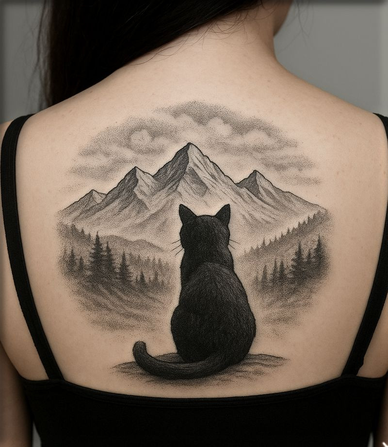 black cat looking at the mountains