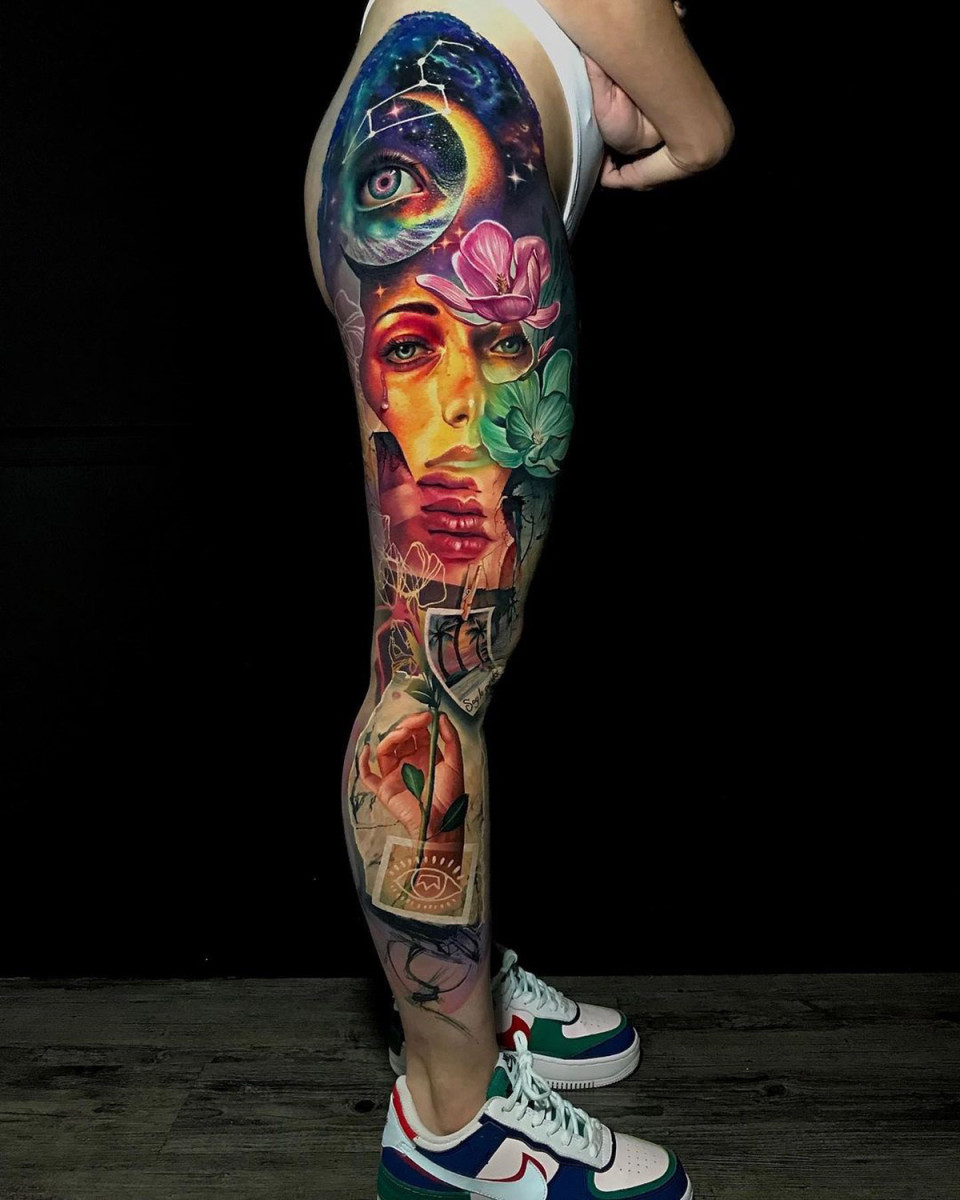 amazing girl tattoo on leg 