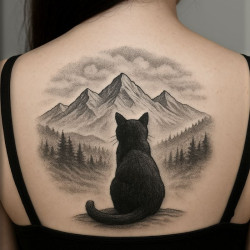 black cat looking at the mountains