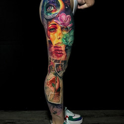 amazing girl tattoo on leg 