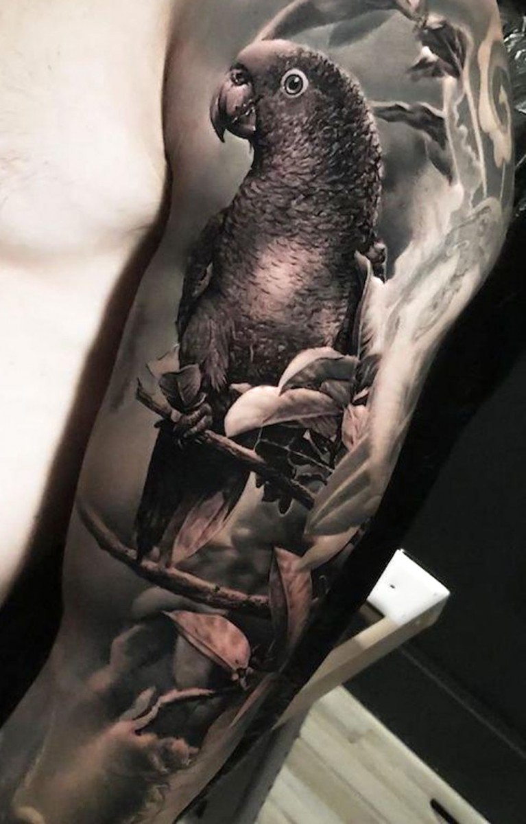 Black and gray Parrot tattoo