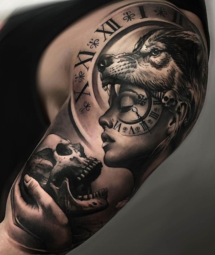 face clock skull tattoos for women